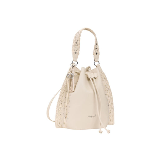 Zaino ecopelle grezzo; ricami laterali, chiusura a coulisse, manico lungo spalla. Dettagli metallici, 100% poliuretano, stile urban-boho.