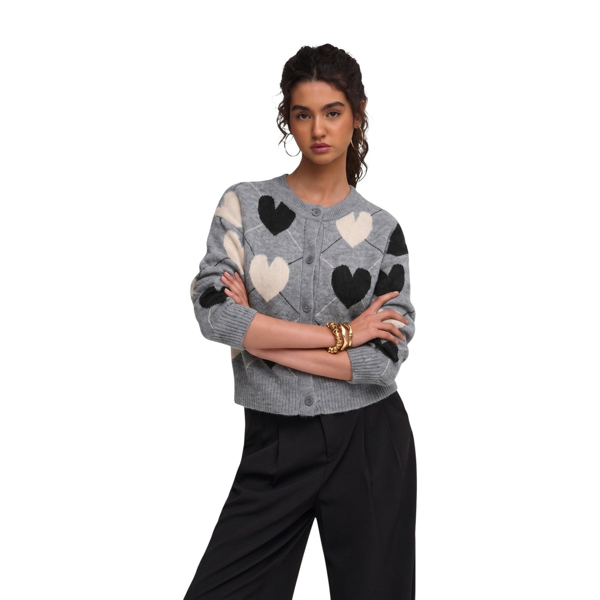 Cardigan girocollo donna ONLY – Maglione aperto con bottoni e lavorazione jacquard 15384843.