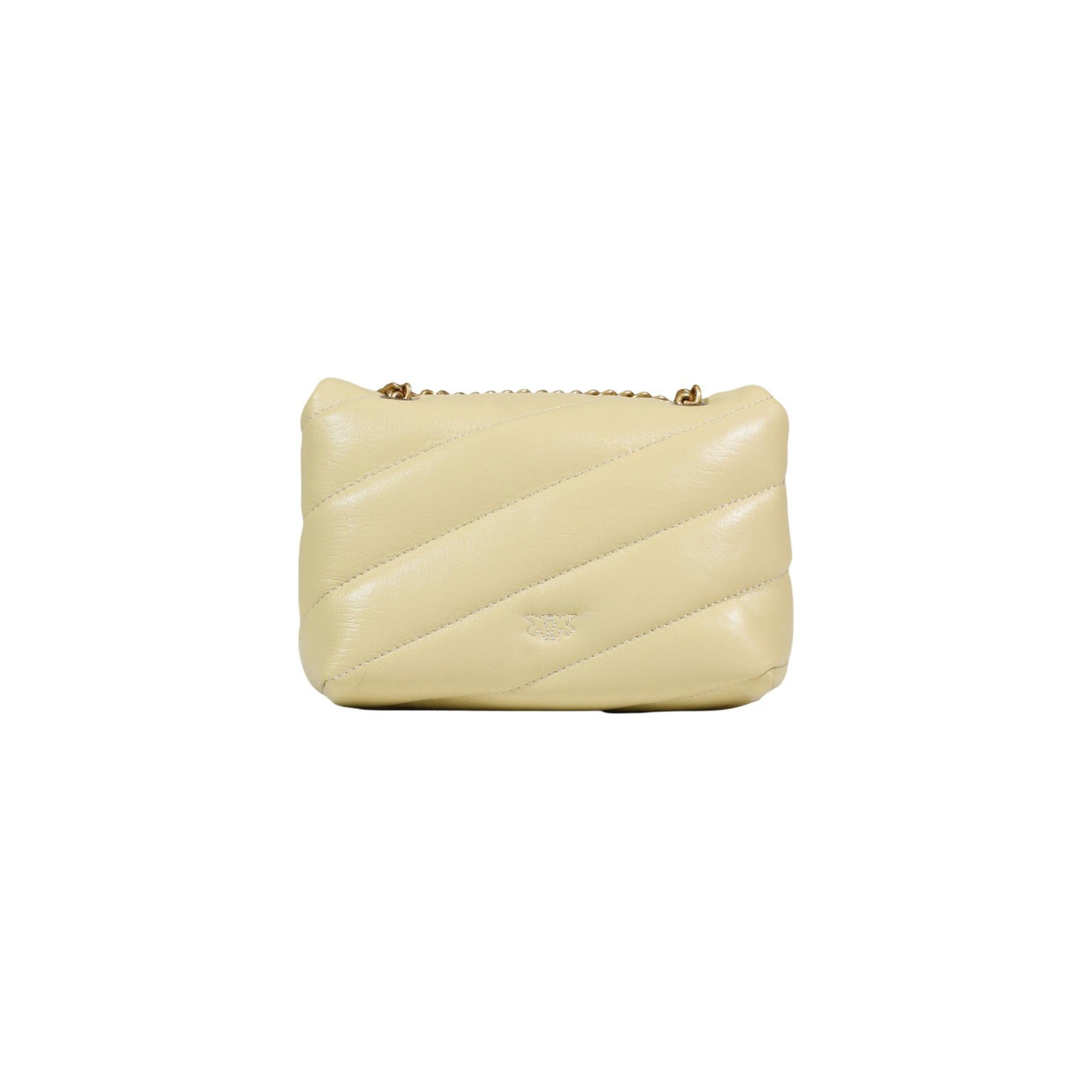 Borsa Pinko Love Puff Baby Giallo; 100% Pelle Nappa. Design trapuntato soffice, fibbia dorata Love Birds, tracolla a catena. Formato piccolo (19cm), stile 4 stagioni elegante. Vista posteriore 