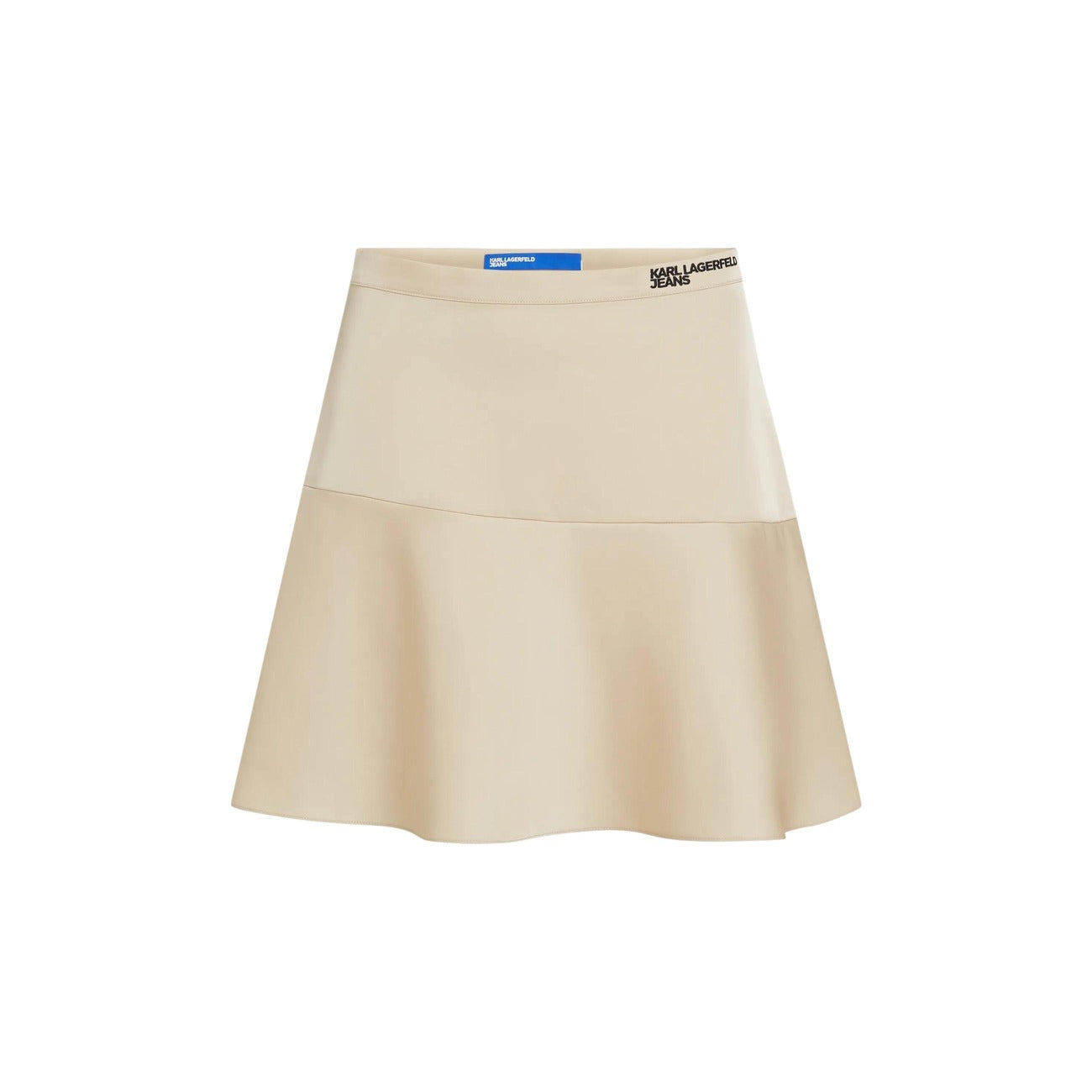 Minigonna Raso Trapezio; 100% Poliestere. Finitura iridescente, zip invisibile, logo ricamato. Gonna corta donna elegante e luminosa per la stagione PE26. Colore beige vista frontale stesa 