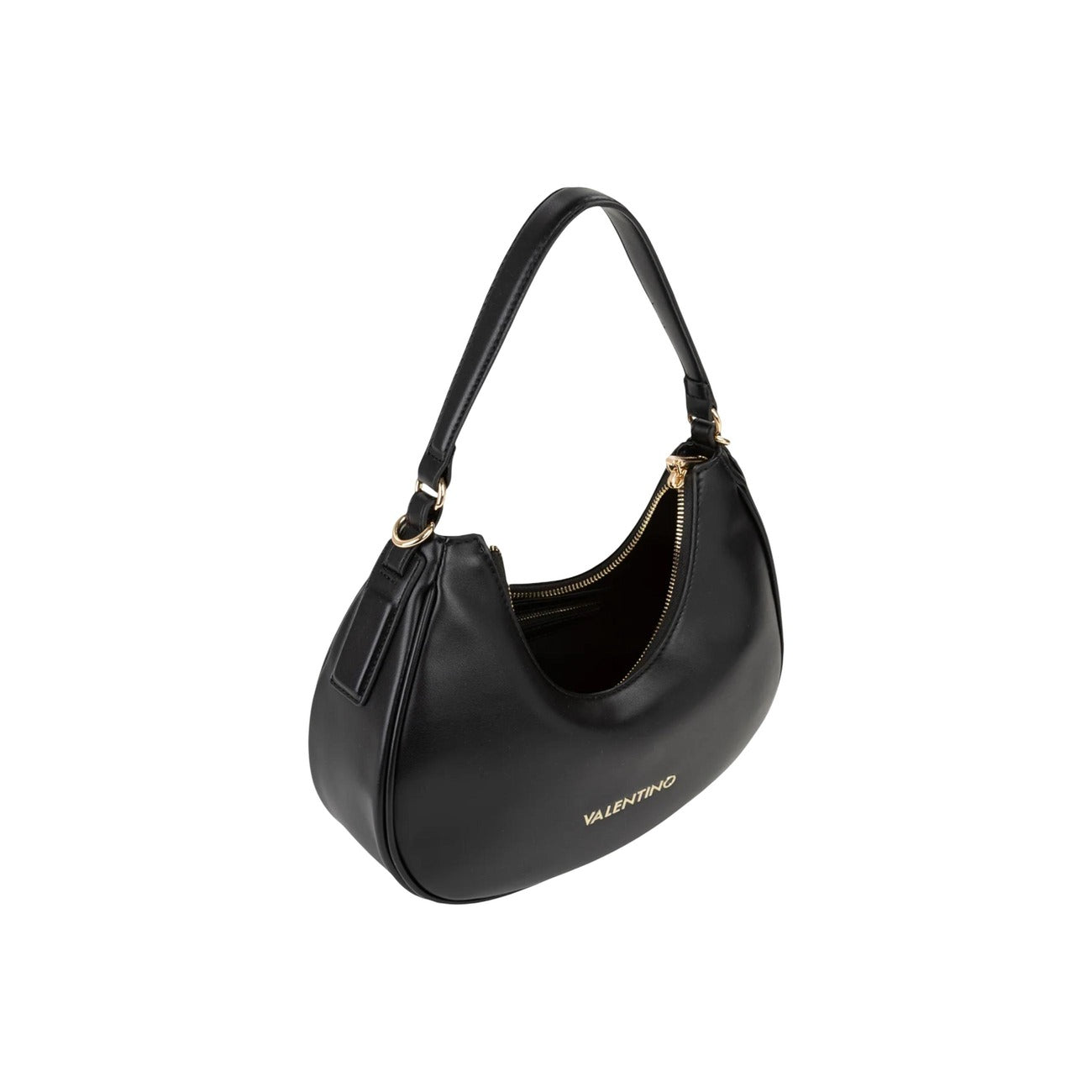 Borsa Media Nera Donna Valentino Bags Clio; Misure 7x22x7 cm. Tessuto 100% poliuretano stile mezzaluna con chiusura a zip. Tracolla a spalla regolabile con finiture e fibbia dorate, stile elegante e casual. Vista aperta 