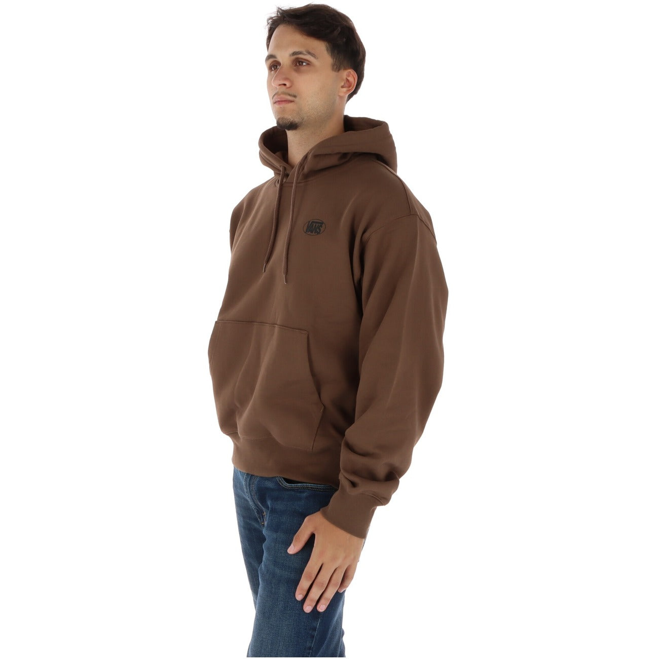 Felpa Vans marrone con cappuccio da uomo VN0010G2FST1. Hoodie oversize in cotone morbido con tasche anteriori a marsupio, maniche lunghe e stampa grafica logo retro stile vintage.