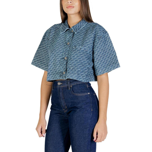 Colcci Camicia Jeans Donna Azzurro Fantasia Geometrica Bottoni Maniche Corte Scollo Tondo Colletto Classico Tasca - Camicia Cotone