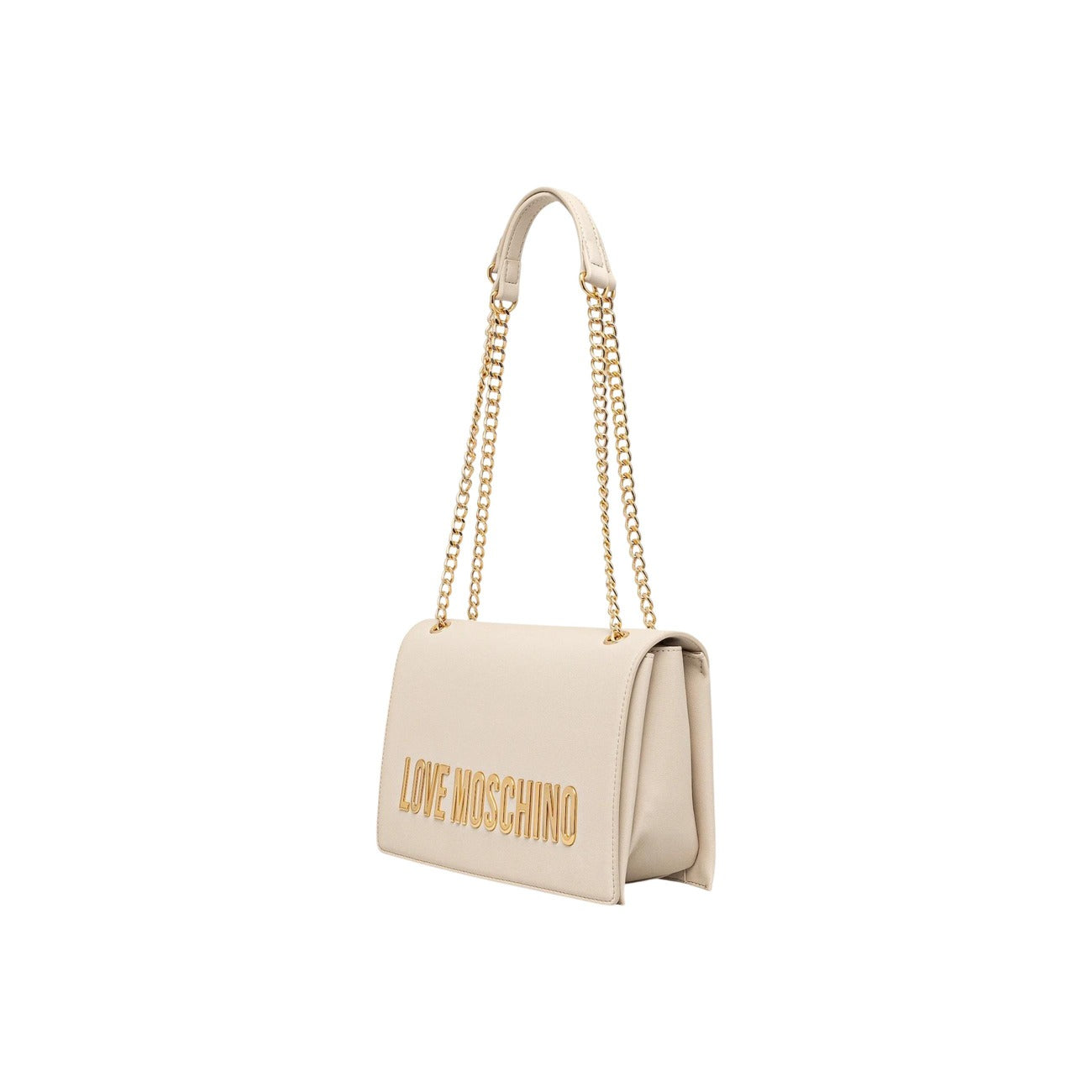 Borsa Love Moschino donna bianca a spalla modello JC4192PP1. Borsetta media con patta bianca, tracolla a catena oro e maxi logo scritte dorate sul davanti, stile elegante, casual chic e da giorno o estate.