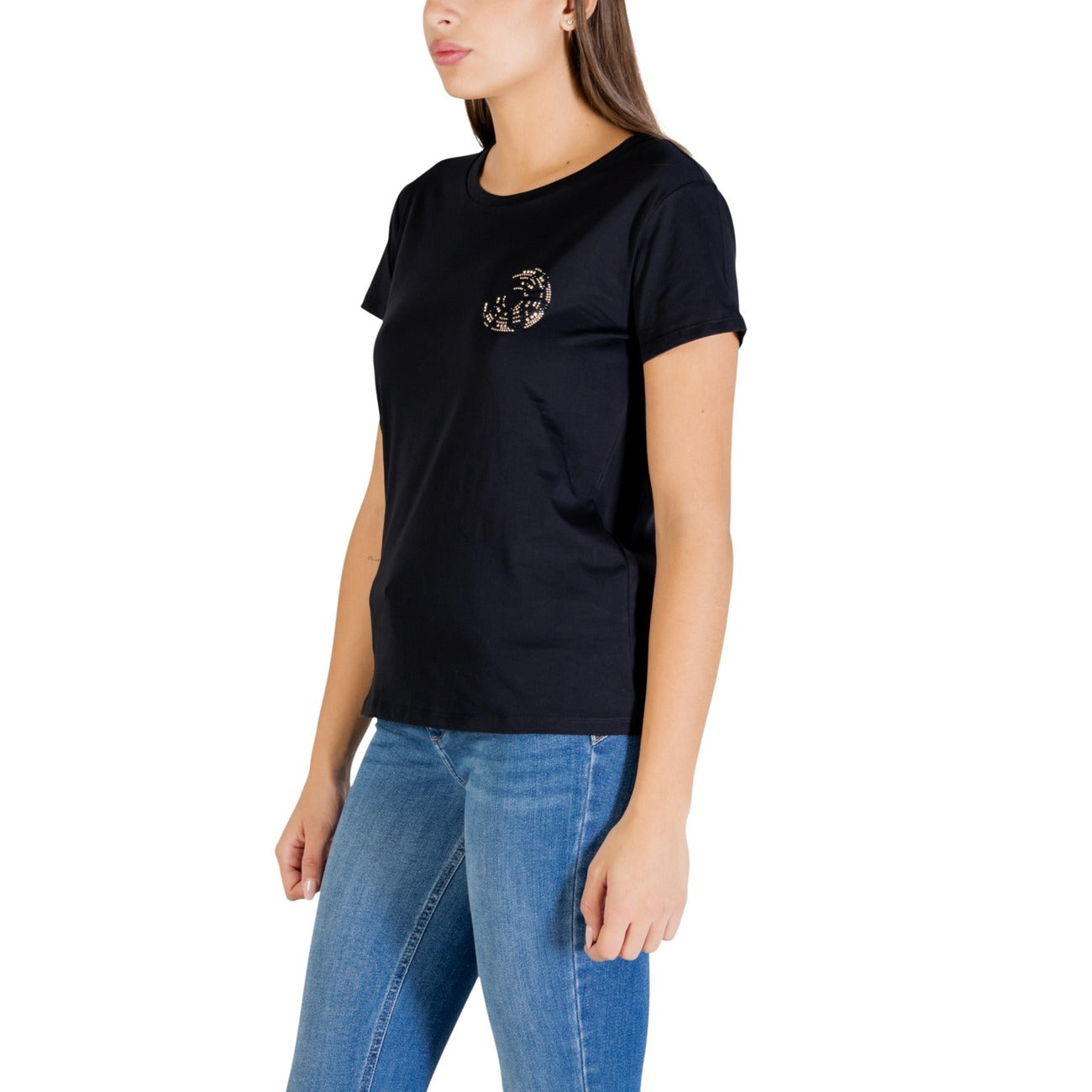 Liu Jo T-shirt Logo Jewel; 100% cotone, applicazioni luminose, vestibilità regolare. L'essenziale prezioso per il guardaroba femminile. Colore nero. Vista frontale Laterale 