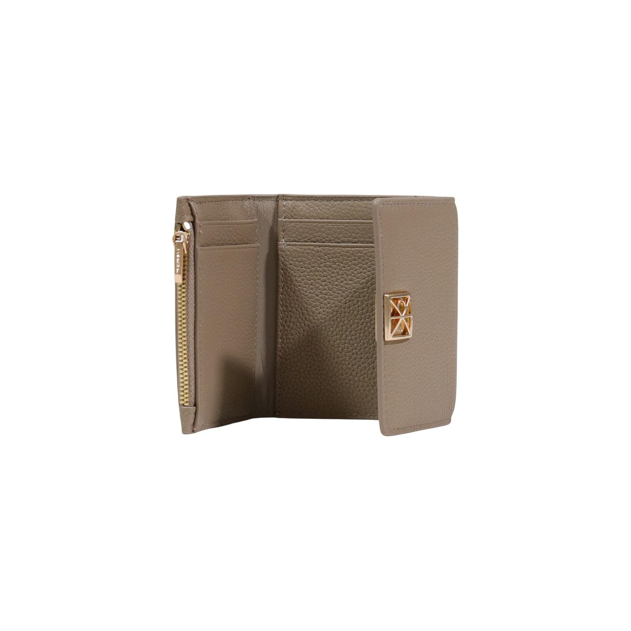 Calvin Klein Trifold Wallet; 100% pelle pebble, tasca monete con zip, logo metallico. L'essenziale di classe in formato compatto. Colore beige vista apertura 