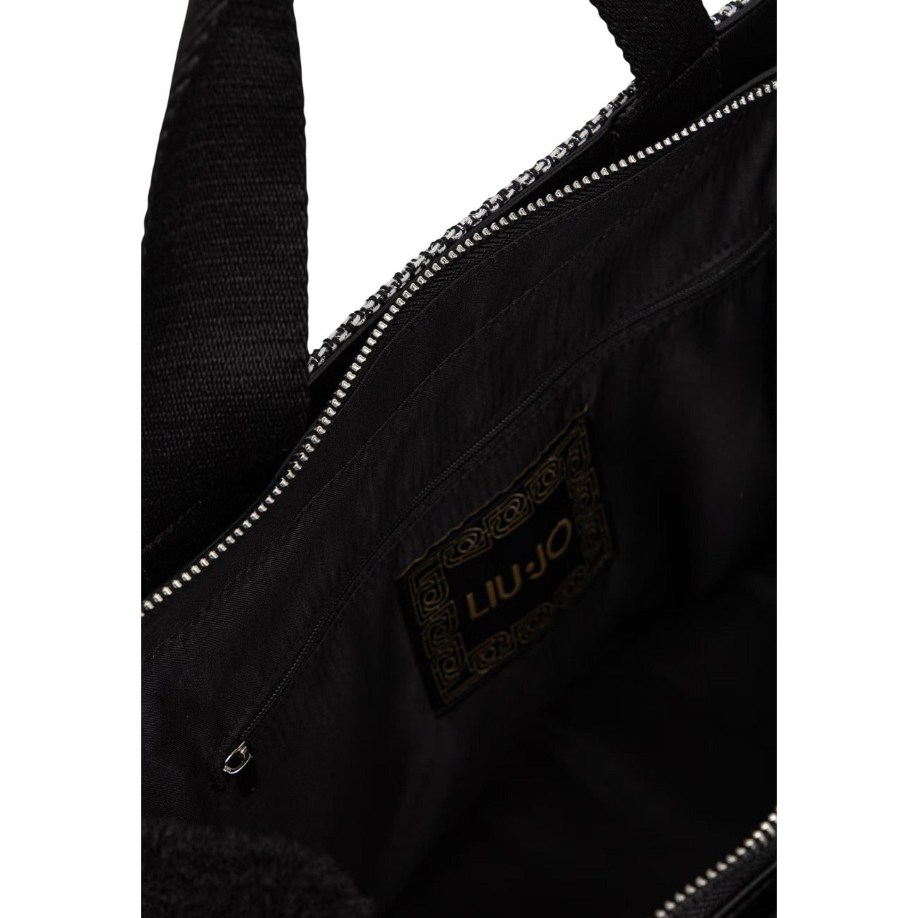 Borsa shopper Liu-Jo nera spina di pesce 2F6037 T0300. Borsa da donna nera in tessuto spigato con maxi logo contrasto, doppi manici, tracolla staccabile e chiusura zip, borsa capiente da lavoro e quotidiana 4 stagioni.