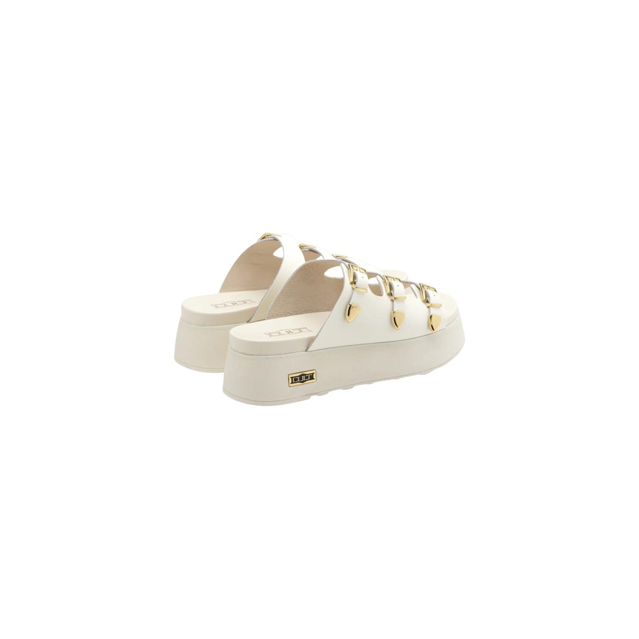 Sandali Platform Cult Janis; Bianco. 100% Pelle, tacco zeppa 5 cm. Triplo cinturino con fibbie, logo dorato laterale. Eleganti, robusti e ideali per la stagione estiva. Vista laterale posteriore 
