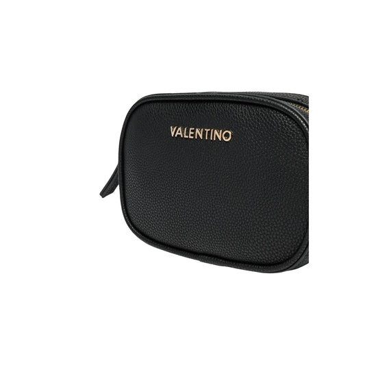 Borsa Camera Bag Piccola Nera Donna Valentino Bags Miramar; Misure 7x14x7 cm. Tessuto 100% poliuretano martellato con tracolla regolabile e chiusura a cerniera lampo. Logo metallico frontale, stile casual-chic 4 stagioni. Vista frontale dettaglio logo 