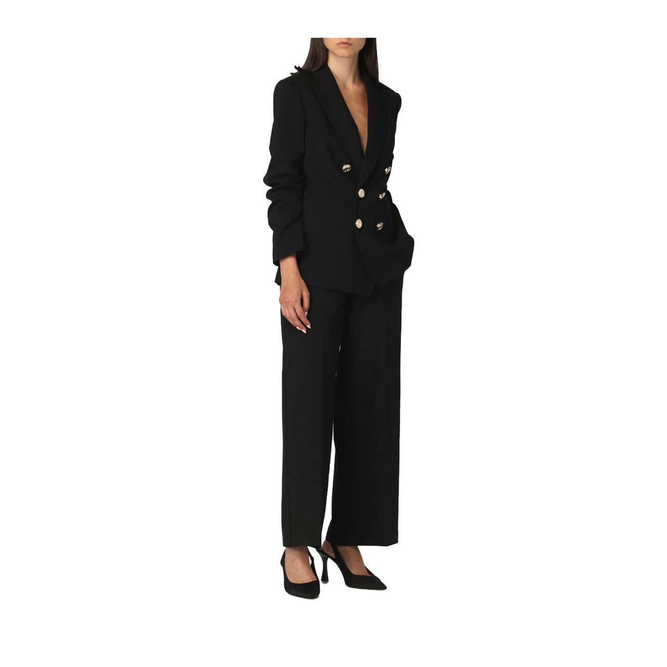Blazer Pinko Alexia Black; Slim Fit. Spalline imbottite, bottoni decorativi, misto viscosa stretch. Giacca nera elegante, strutturata e confortevole per la stagione PE26. Figura intera 