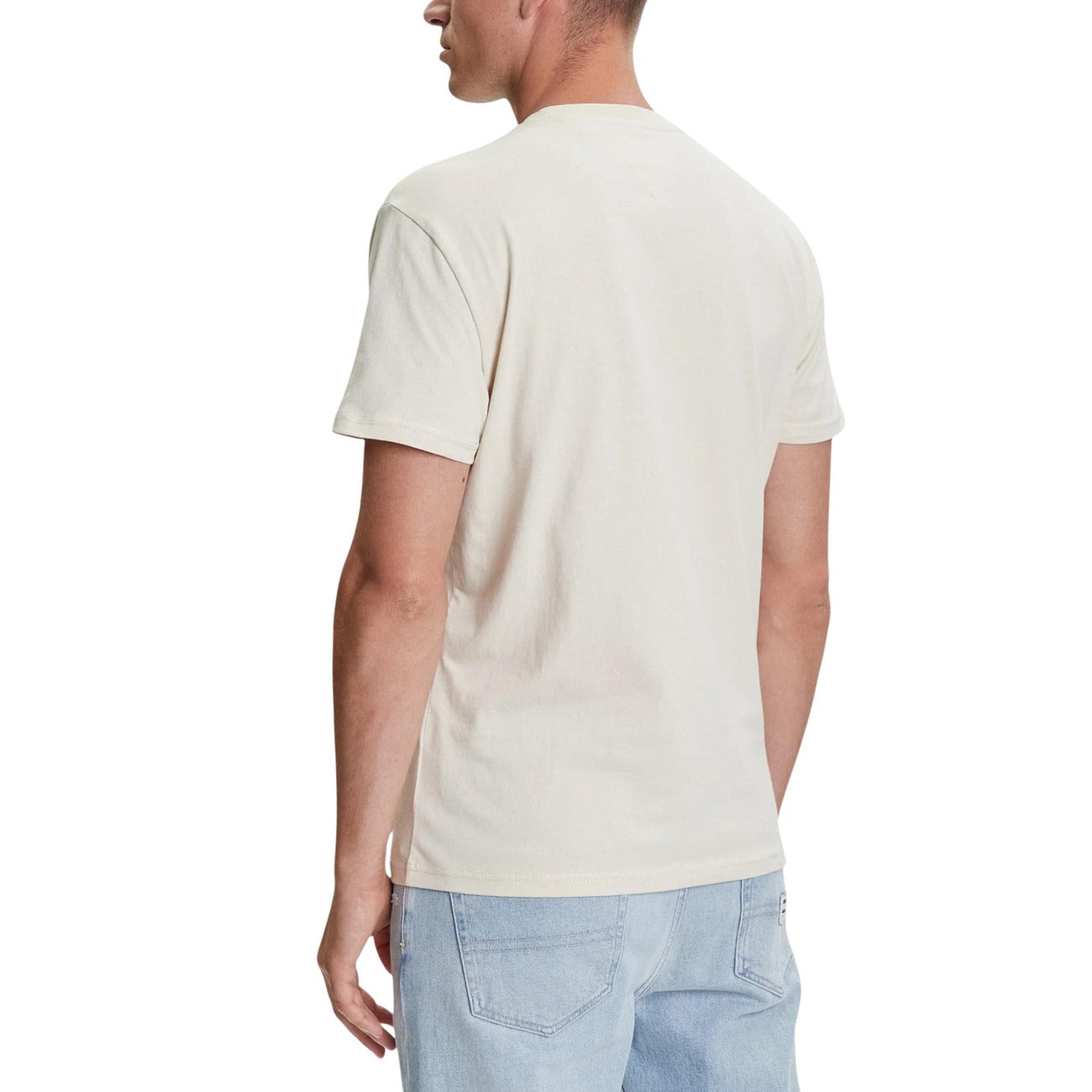 T-shirt Tommy Hilfiger Jeans LINEAR LOGO TEE uomo beige chiaro maniche corte scollo tondo 100% cotone organico - vista posteriore retro indossata da modello