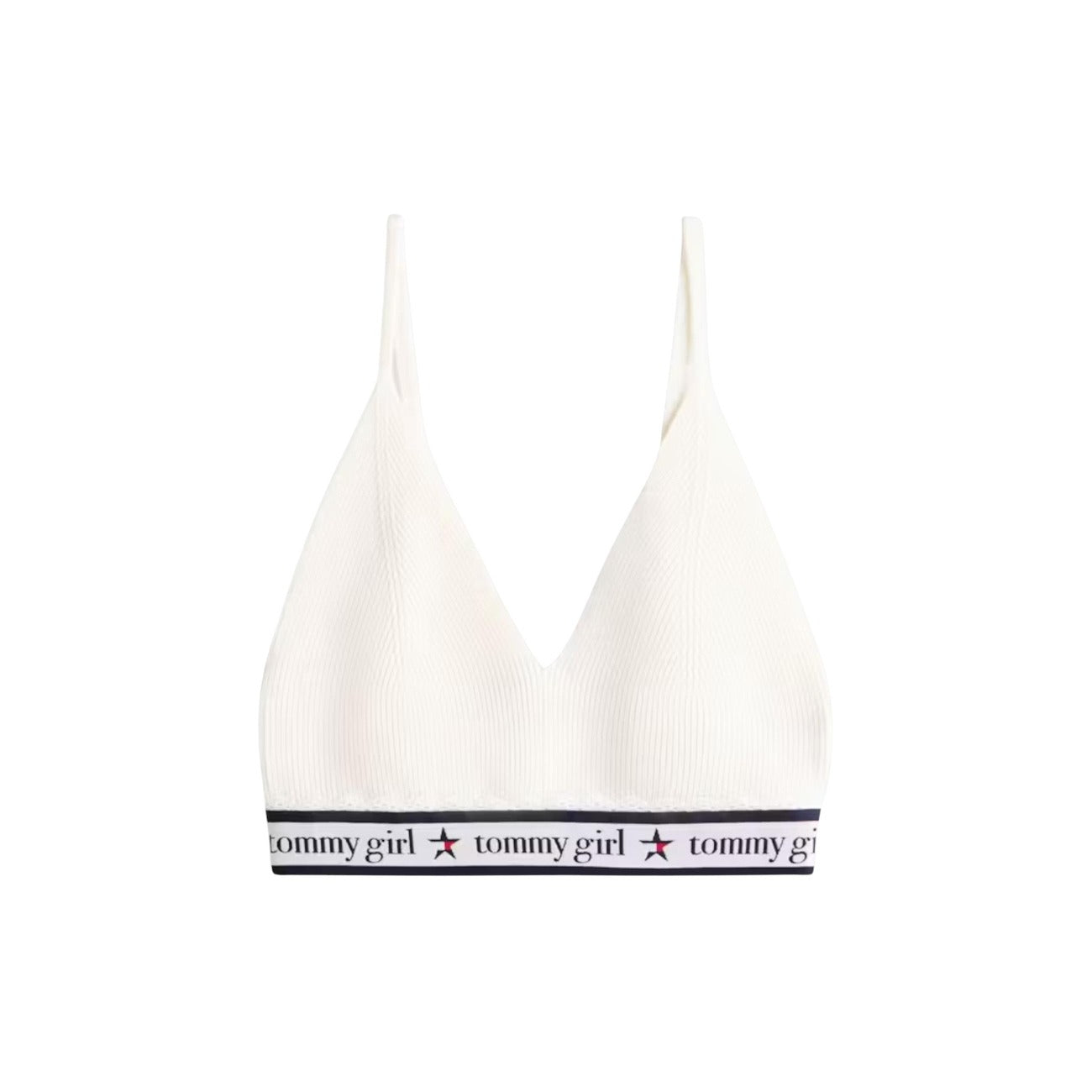 Crop top Tommy Girl; 100% lana. Scollo a V, fascia elastica logata, extra slim fit. Bralette in maglia di lana ispirata ai 90s, calda e traspirante. Colore panna 