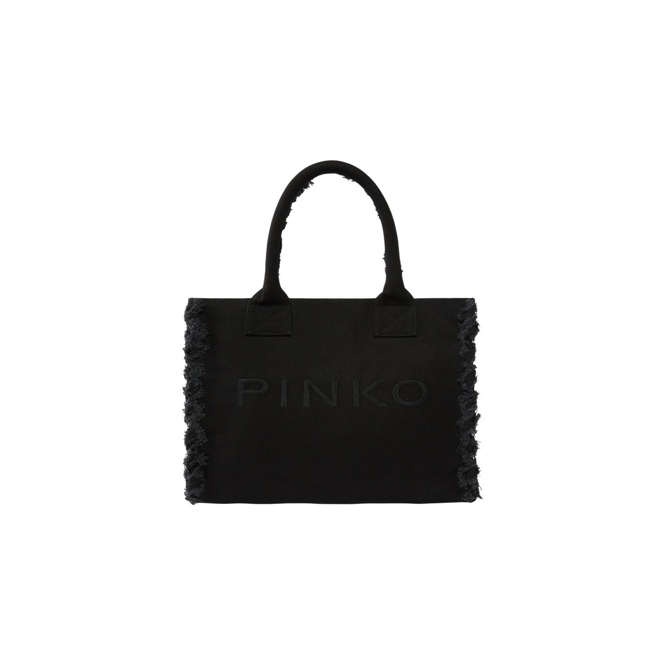 Shopper Pinko Beach Canvas; 100% Cotone. Bordi sfrangiati, logo ricamato, manici a spalla. Borsa grande estiva, morbida e resistente. Stile chic naturale. Colore nero vista frontale 