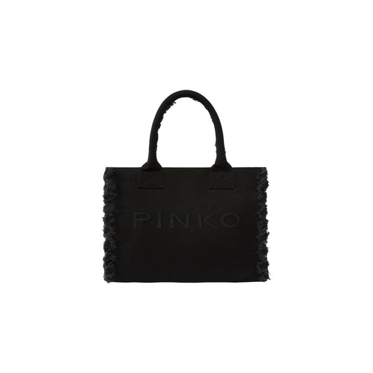 Shopper Pinko Beach Canvas; 100% Cotone. Bordi sfrangiati, logo ricamato, manici a spalla. Borsa grande estiva, morbida e resistente. Stile chic naturale. Colore nero vista frontale 