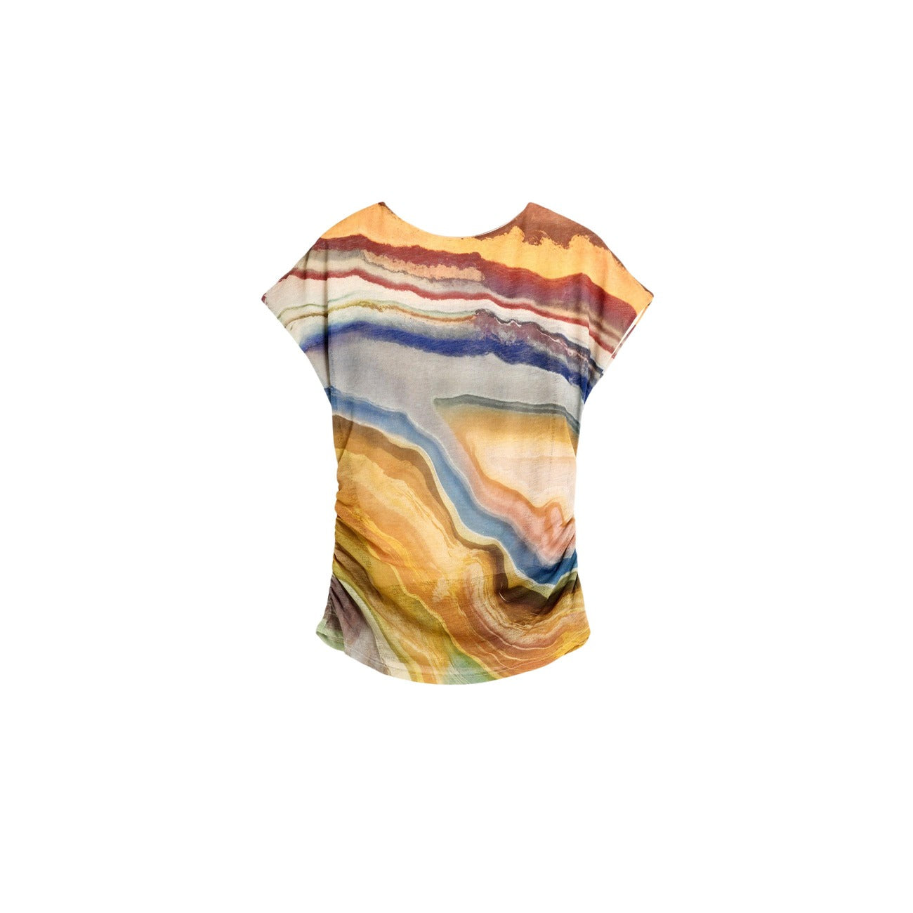 T-shirt Desigual donna beige modello TS_REIKIAVIK. Maglietta a maniche corte in tessuto a maglia beige con stampa astratta colorata all-over, scollo a barca e vestibilità regolare, stile casual estivo e contemporaneo.