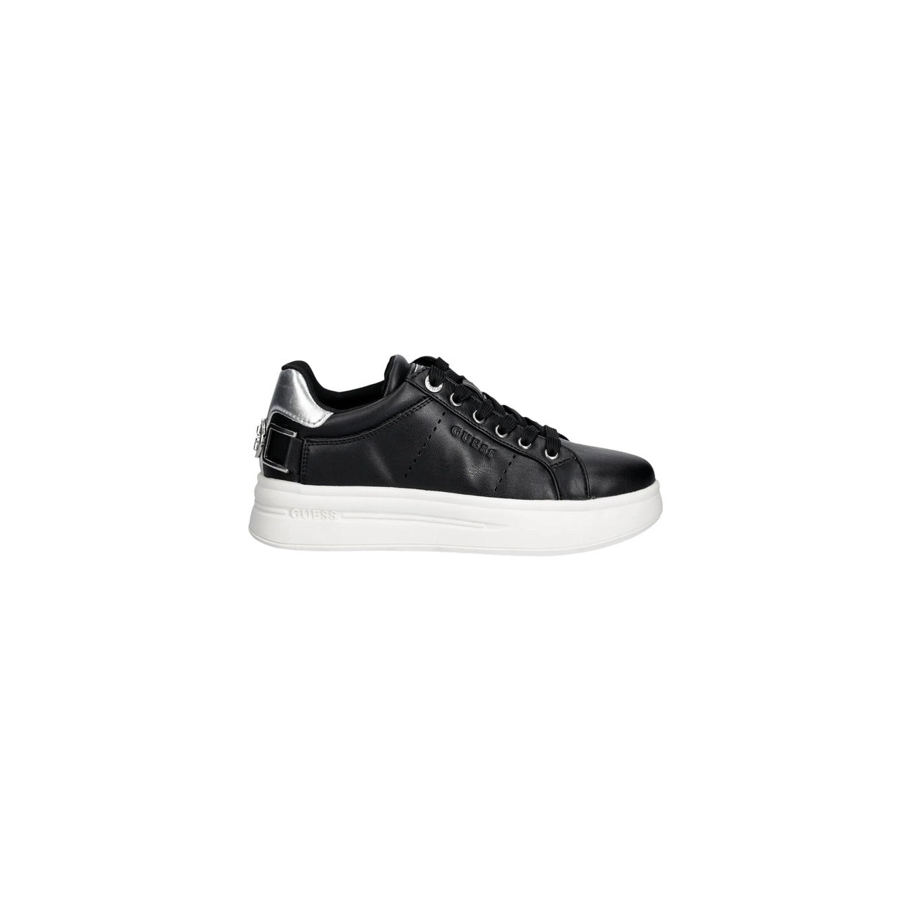 Sneakers Guess Wesli; Nero, 100% Poliuretano. Suola platform 4 cm, logo in rilievo, dettaglio fibbia metallica. Calzata confortevole, stile 4 stagioni.