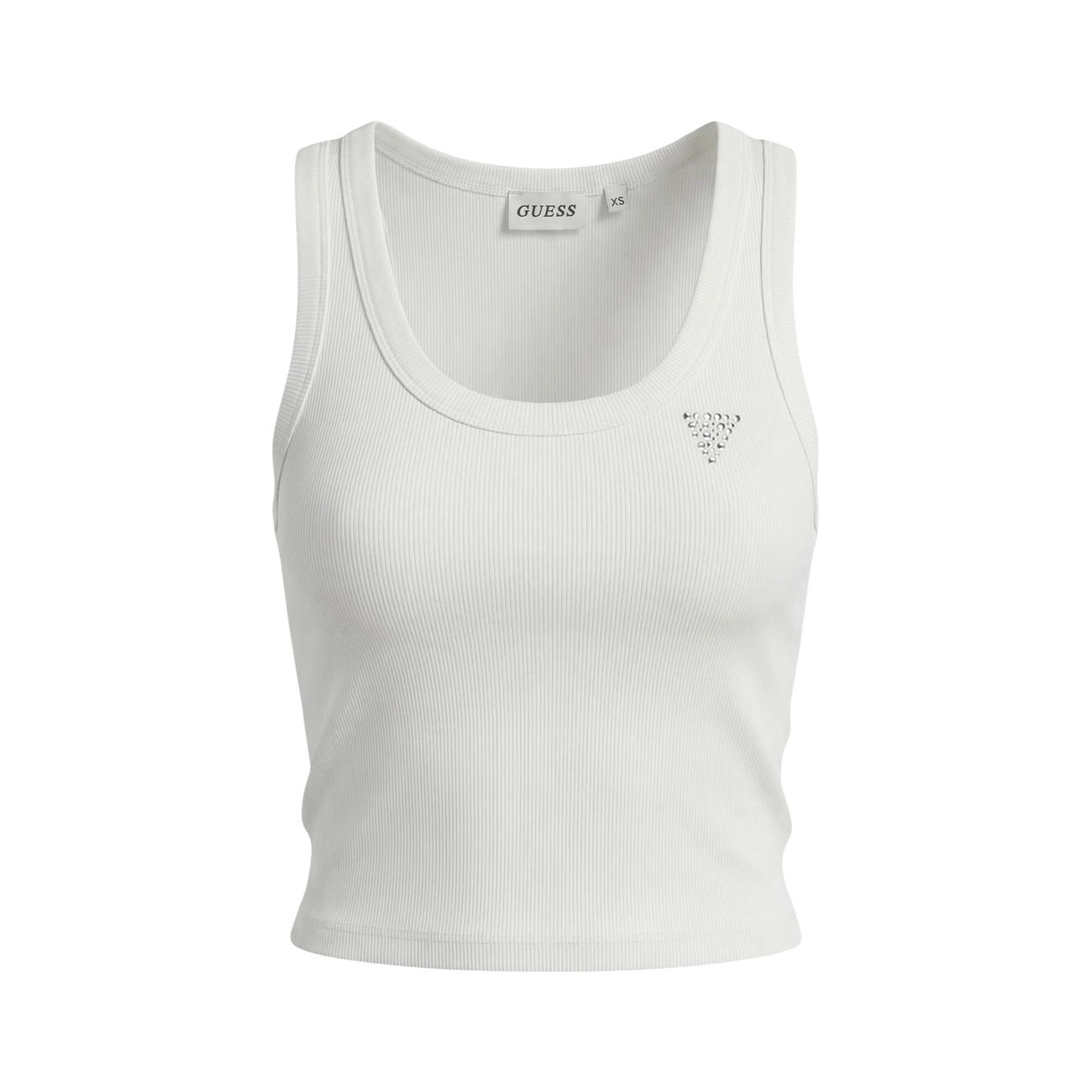 Canotta Guess Active Silvy; 94% viscosa, 6% elastam, tessuto rib. Taglio cropped, scollo ampio, logo Guess con strass. Top sportivo-chic, leggero e ultra-confortevole. Colore bianco vista frontale Stesa 