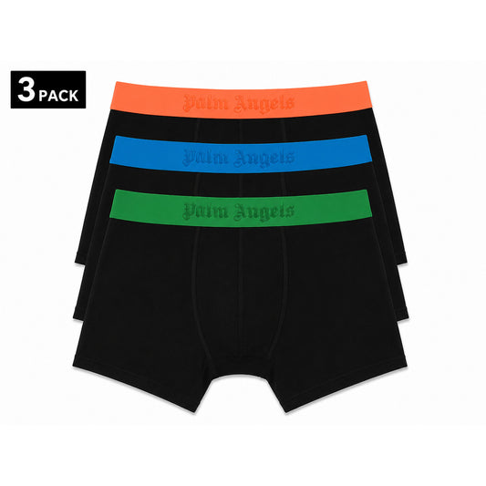 Set 3 Boxer Neri Palm Angels; Elastici Arancio, Bluette e Verde. Logo bianco in vita, cotone stretch premium, vestibilità aderente. Comfort quotidiano con un'esplosione di colori streetwear. Frontale 