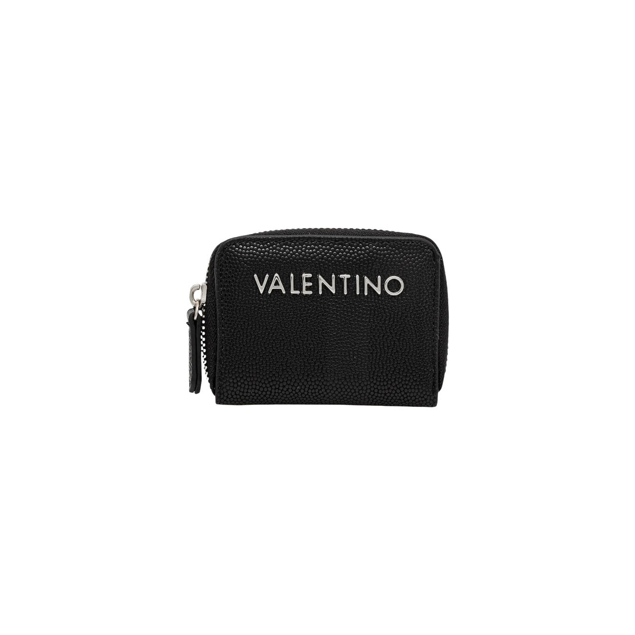 Portafoglio piccolo nero compatto Valentino Divina VPS1R4139G, chiusura a zip e logo metallico dorato; interno organizzato per monete e carte, accessorio elegante e salvaspazio.