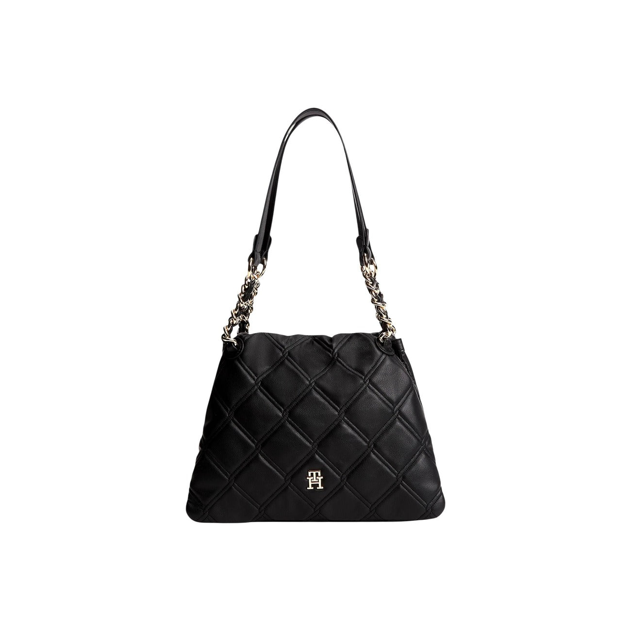 Borsa Tommy Hilfiger donna nera trapuntata AW0AW18716. Borsa tote media a spalla e a mano in ecopelle trapuntata nera con logo metallico TH e catene dorate sui manici, borsa casual chic ed elegante per tutte le stagioni.