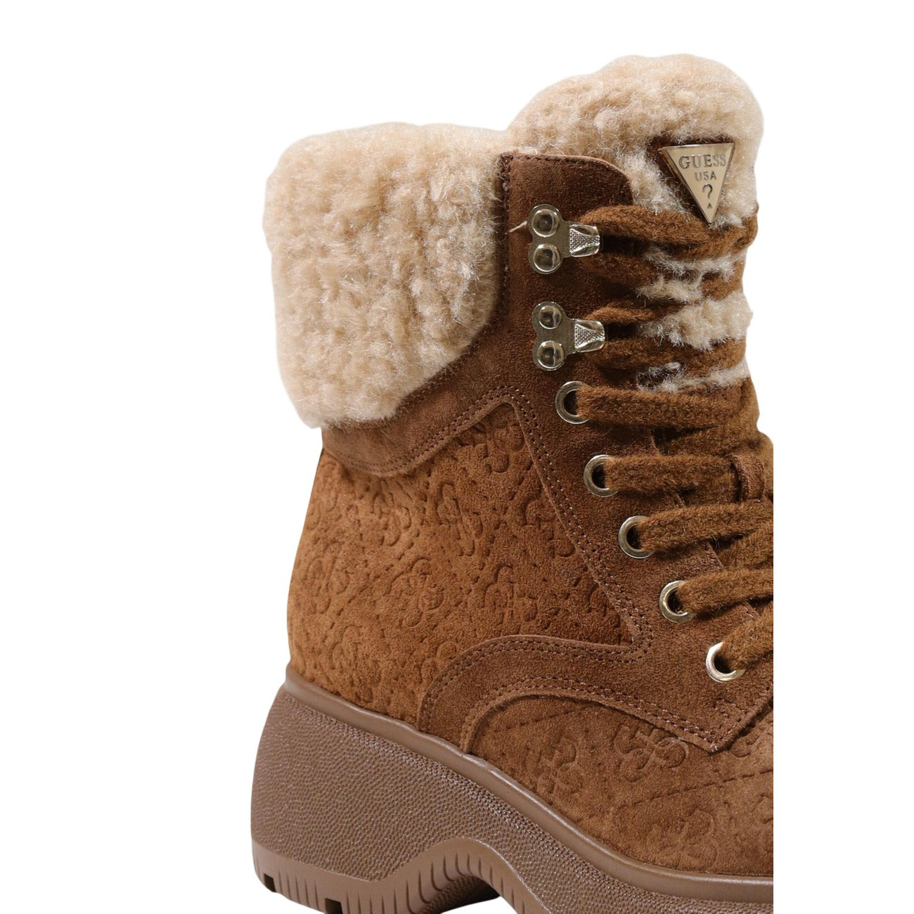 Stivaletti anfibi Guess Vikki FLFVIK SUE10 donna. Scarponcini invernali effetto velluto con logo impresso, risvolto caldo in ecopelliccia imbottita, tacco comodo 6 cm e suola carro armato antiscivolo.