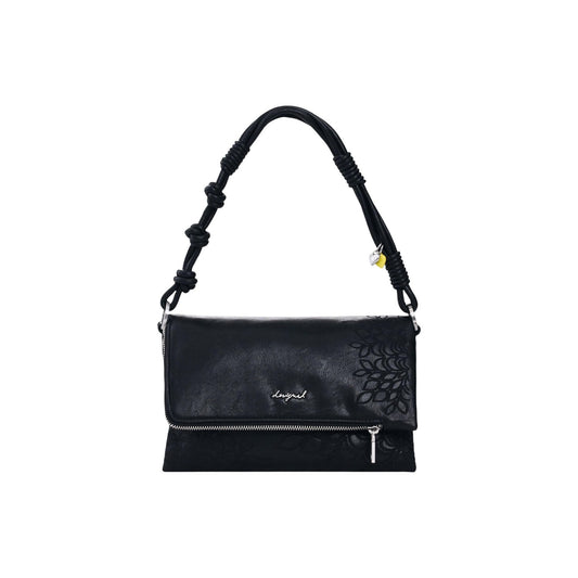 Borsa piccola con tracolle intercambiabili, ricami in effetto pelle e dettaglio di charms sulla tracolla. Vista frontale 