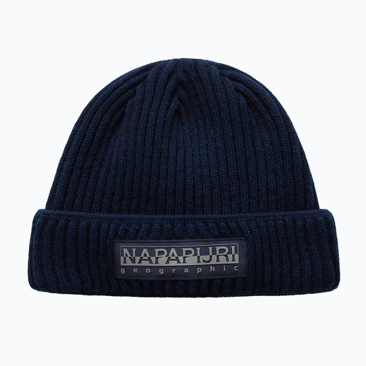 Berretto blu uomo Napapijri Vispa NP0A4HXM1761. Cappello da cuffia in maglia a coste blu con risvolto e patch logo in gomma Napapijri Made in Italy.
