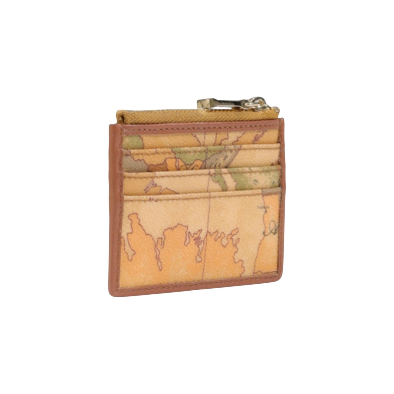 Portacarte Alviero Martini Prima Classe donna Geo Classic C W373 6000. Mini portafoglio slim beige con mappa geografica, fessure per carte di credito e tasca con zip per monete, accessorio da borsa elegante e compatto 4 stagioni.
