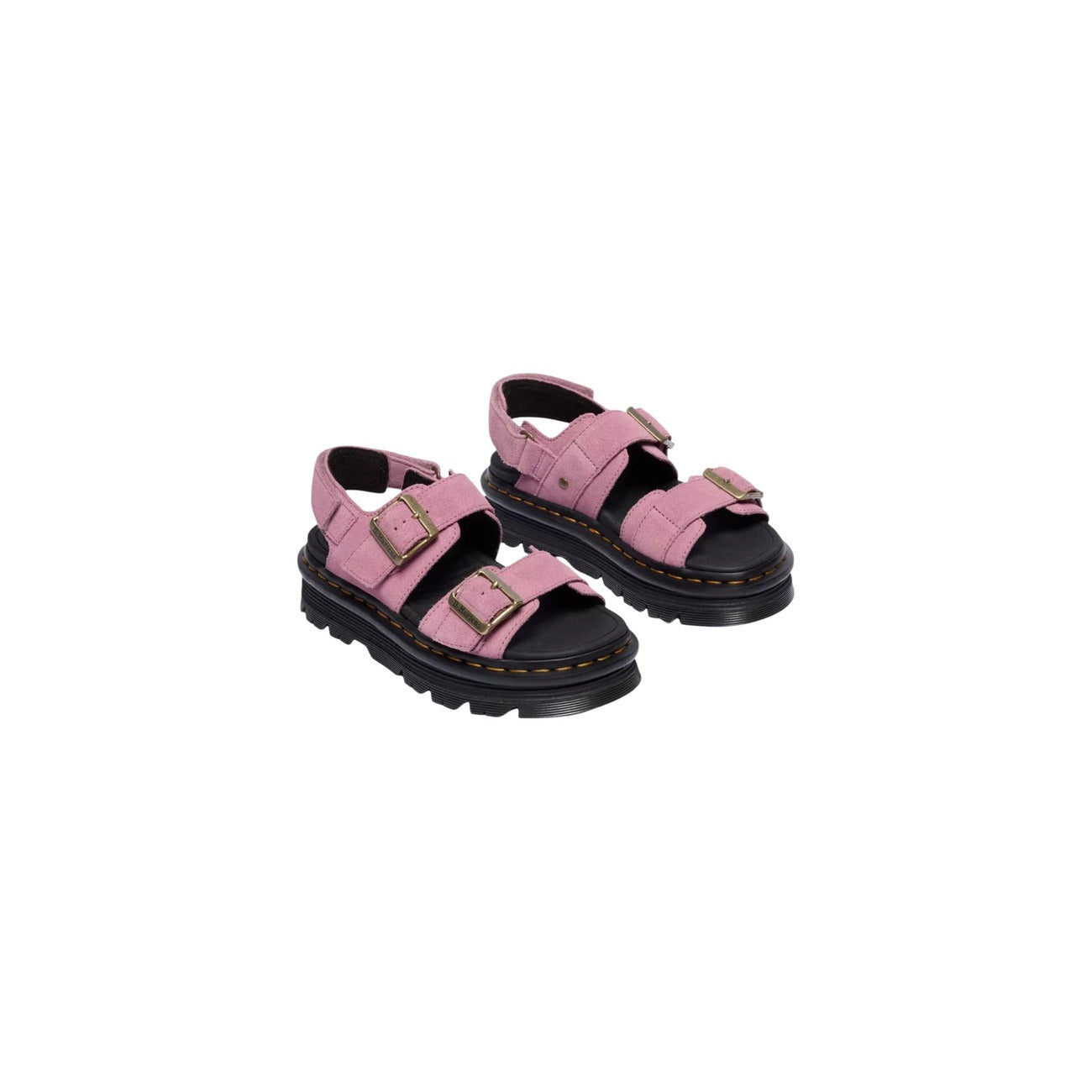 Dr. Martens Sandalo Zebzag Platform; Rosa. 100% Pelle scamosciata. Tacco 4 cm, suola ammortizzata in EVA e PVC, chiusura regolabile con fibbie e cinturino. Design robusto con cuciture gialle.