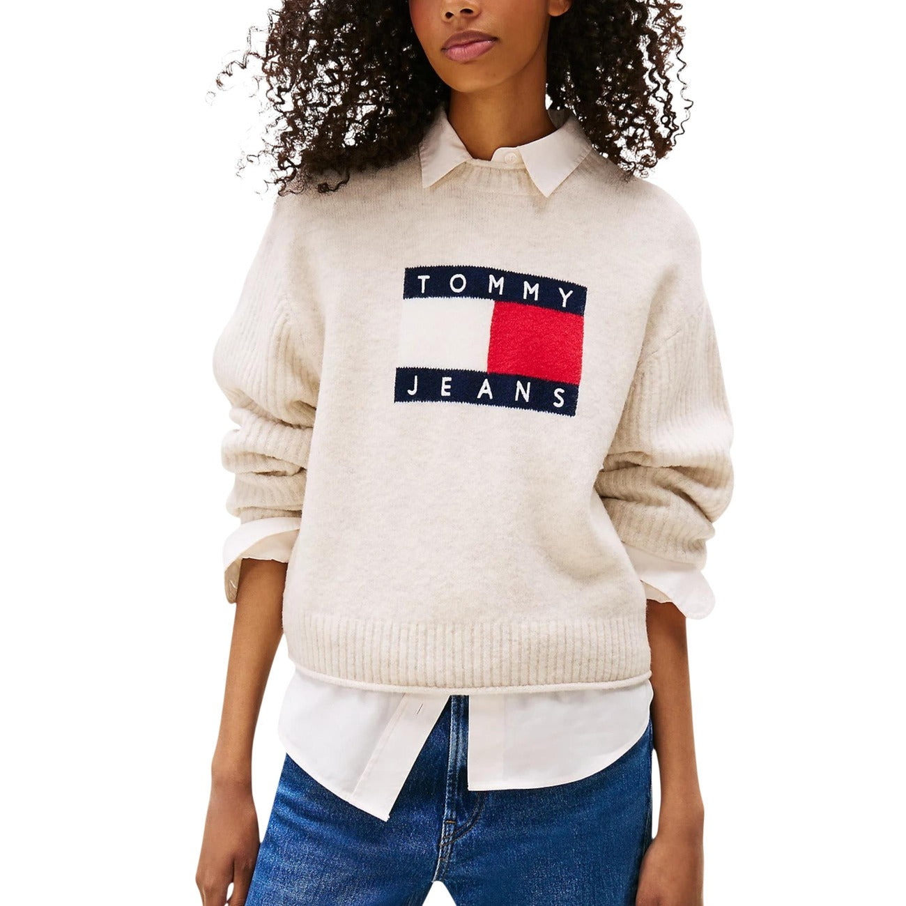 Tommy Hilfiger Jeans Maglione Donna Azzurro Maniche Lunghe - Maglione Acrilico Lana Poliammide Elastan Scollo Tondo