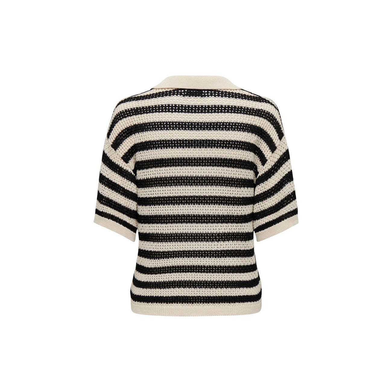 T-shirt Polo Donna a Righe Nere JDY Jacqueline de Yong; Pullover estivo a maniche corte in maglia traforata bicolore. Scollo a V con colletto e vestibilità morbida casual. Posteriore 