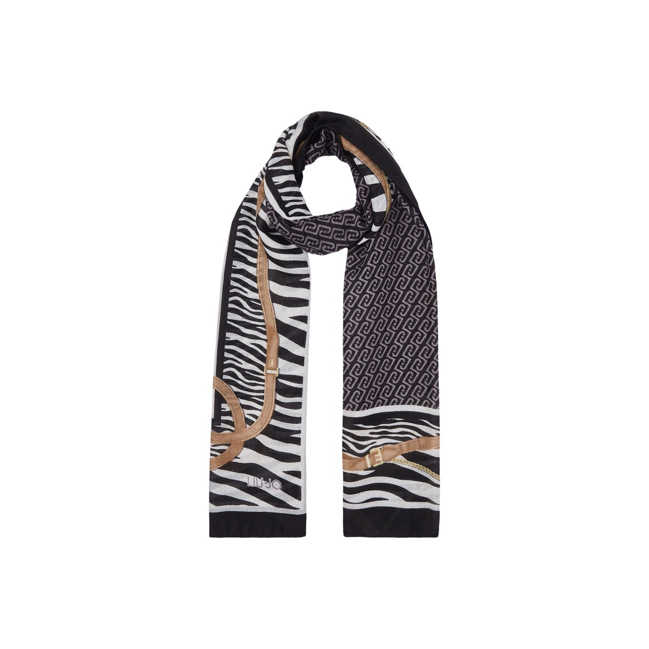 Sciarpa Liu Jo donna nera fantasia 2F6063 T2745. Stola mezza stagione in tessuto leggero e morbido con motivi geometrici, dettagli pitonati e logo Liu Jo, accessori donna.