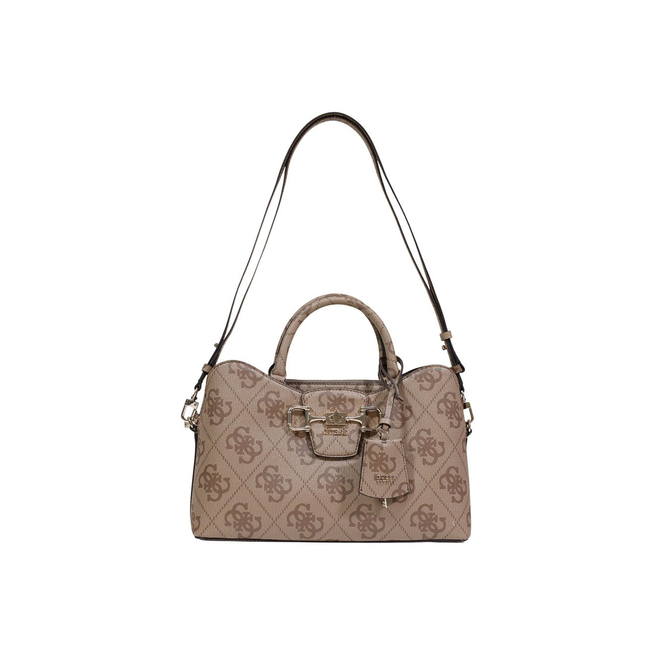 borsa a mano Guess Janie Logo Girlfriend Satchel in poliuretano beige scuro con logo all-over vista frontale Con tracolla 