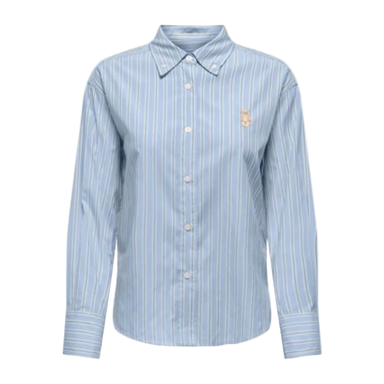 Camicia azzurra regular fit Only Onlelara con ricamo sul petto, maniche lunghe con polsini e composizione in misto viscosa traspirante. Vista frontale Stesa