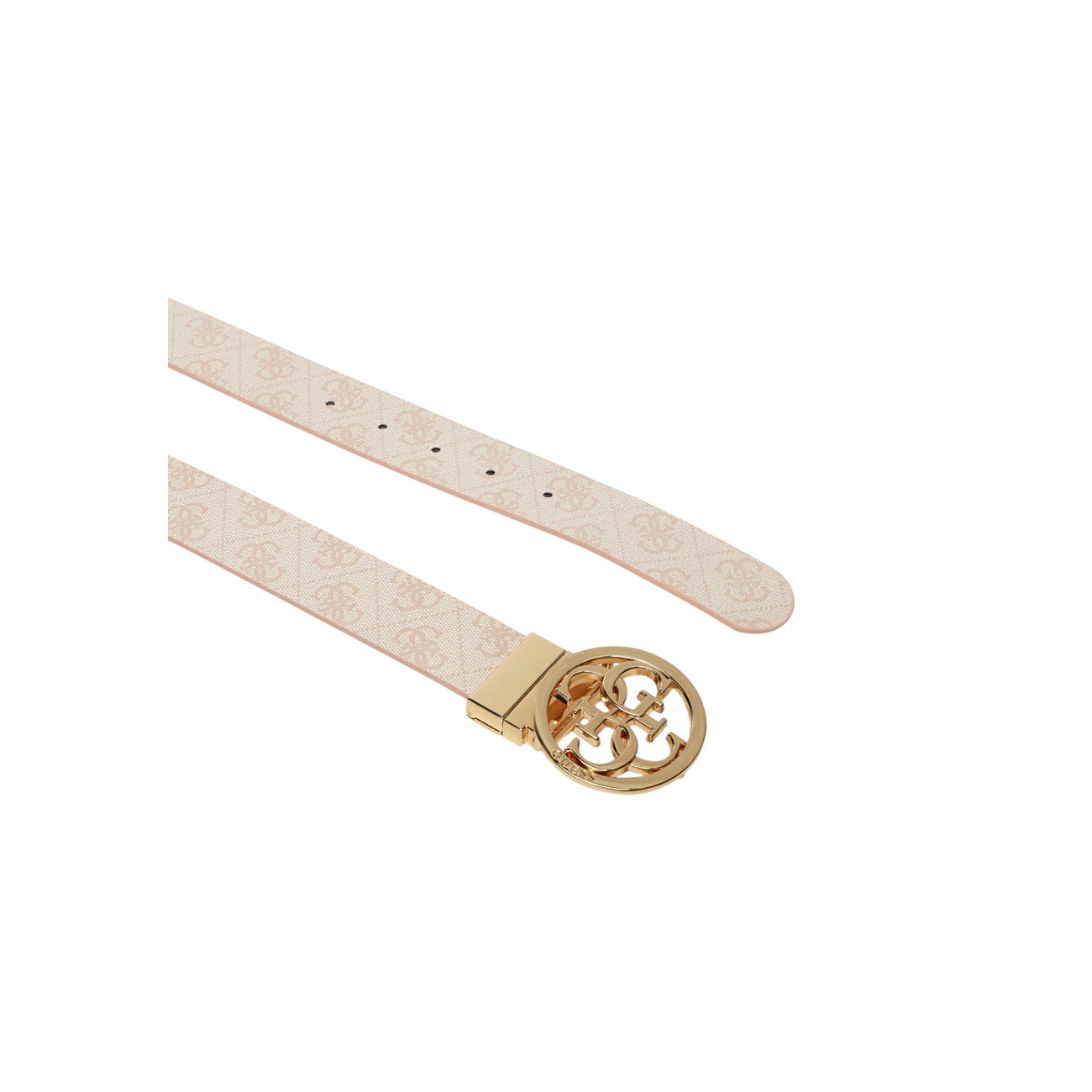 Cintura Bianca Reversibile Donna Guess Noelle; Larghezza 3 cm, lunghezza 98 cm. Tessuto 100% poliestere logato con fibbia rettangolare in metallo dorato. Design regolabile double-face, stile casual-luxury 4 stagioni. Dettaglio 