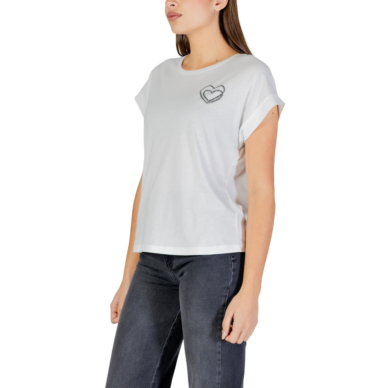 Morgan De Toi T-shirt bianca Cuore Ricamato; maglia morbida in misto modal, taglio femminile e dettagli raffinati. Perfetta per look quotidiani curati e confortevoli. Vista frontale Laterale