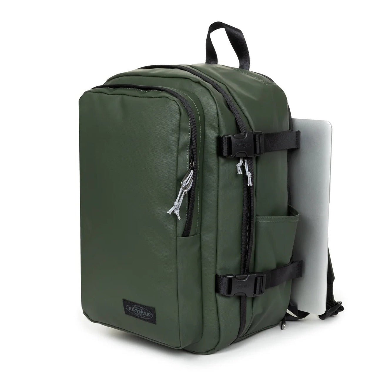 Zaino Medio Verde Eastpak Bagaglio a Mano; 40x25x20 cm. Poliestere idrorepellente, tasca laptop 15" e portaborraccia. Organizer, fascia trolley e dettagli catarifrangenti, vista frontale laterale 