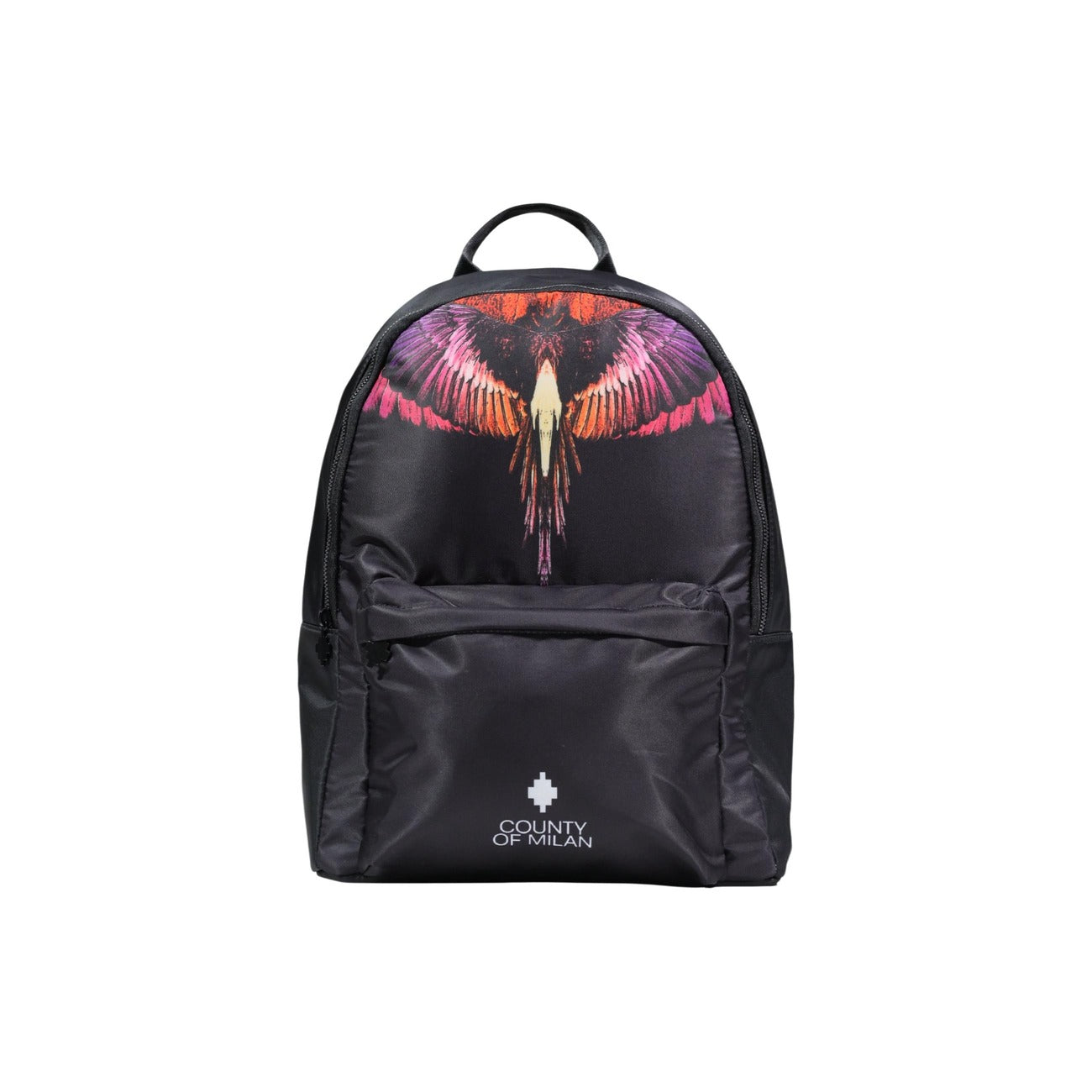 Zaino County of Milan Printed; 100% nylon, stampa ali, tasca zip frontale, spallacci imbottiti. Lo zaino streetwear essenziale per un look unico. Vista frontale 