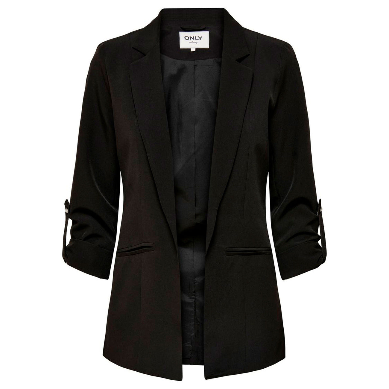 Blazer nero lungo regular fit con collo reverse; polsini con bottoni e tasche anteriori, lunghezza estesa per una silhouette contemporanea e confortevole in ogni occasione. Vista frontale 
