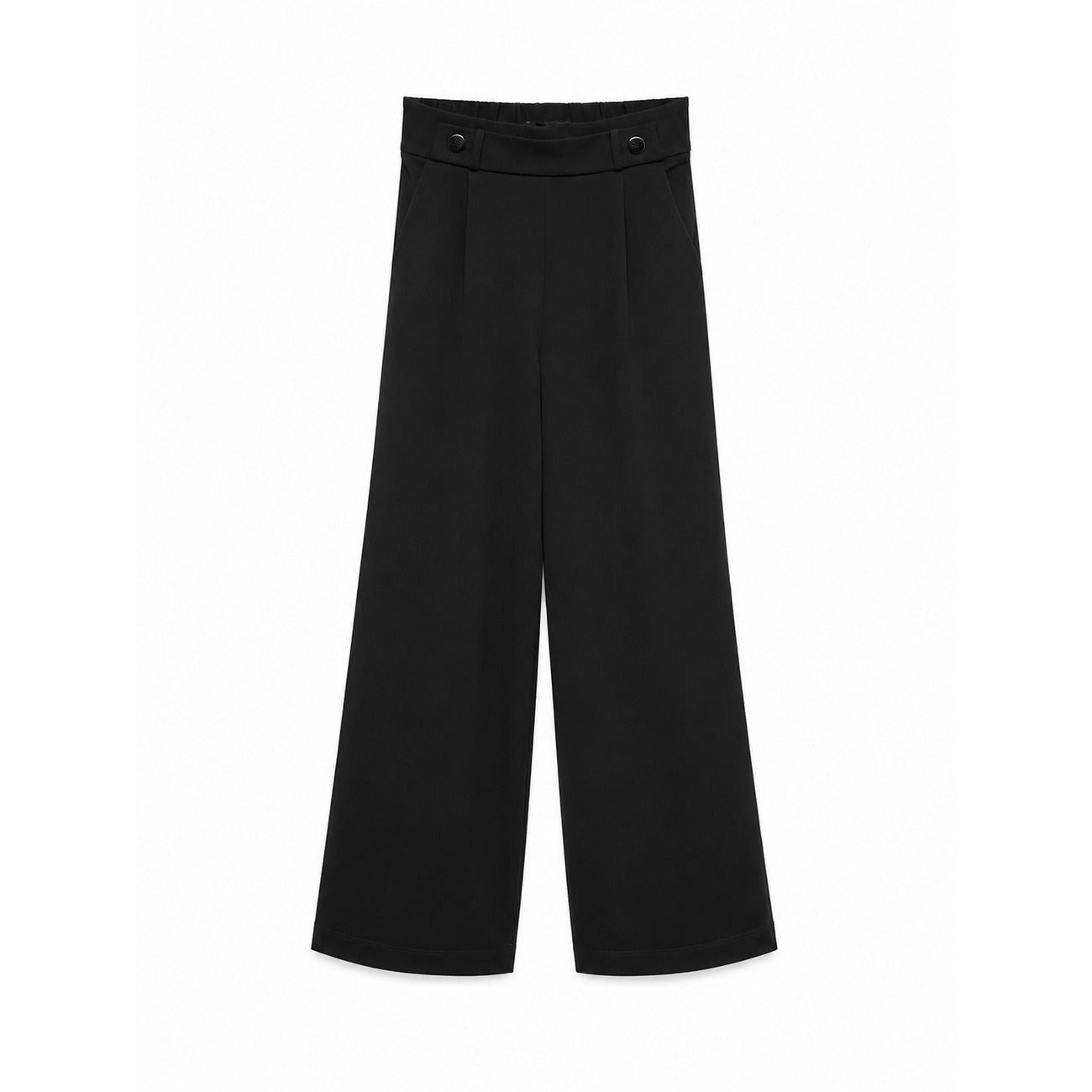 Pantaloni Donna Fantasia Nero Vero Moda Loose Fit; Taglio morbido e fluido in poliestere elasticizzato. Struttura senza chiusura con dettaglio bottone e tasche anteriori, stile casual primavera-estate. Vista stesa 