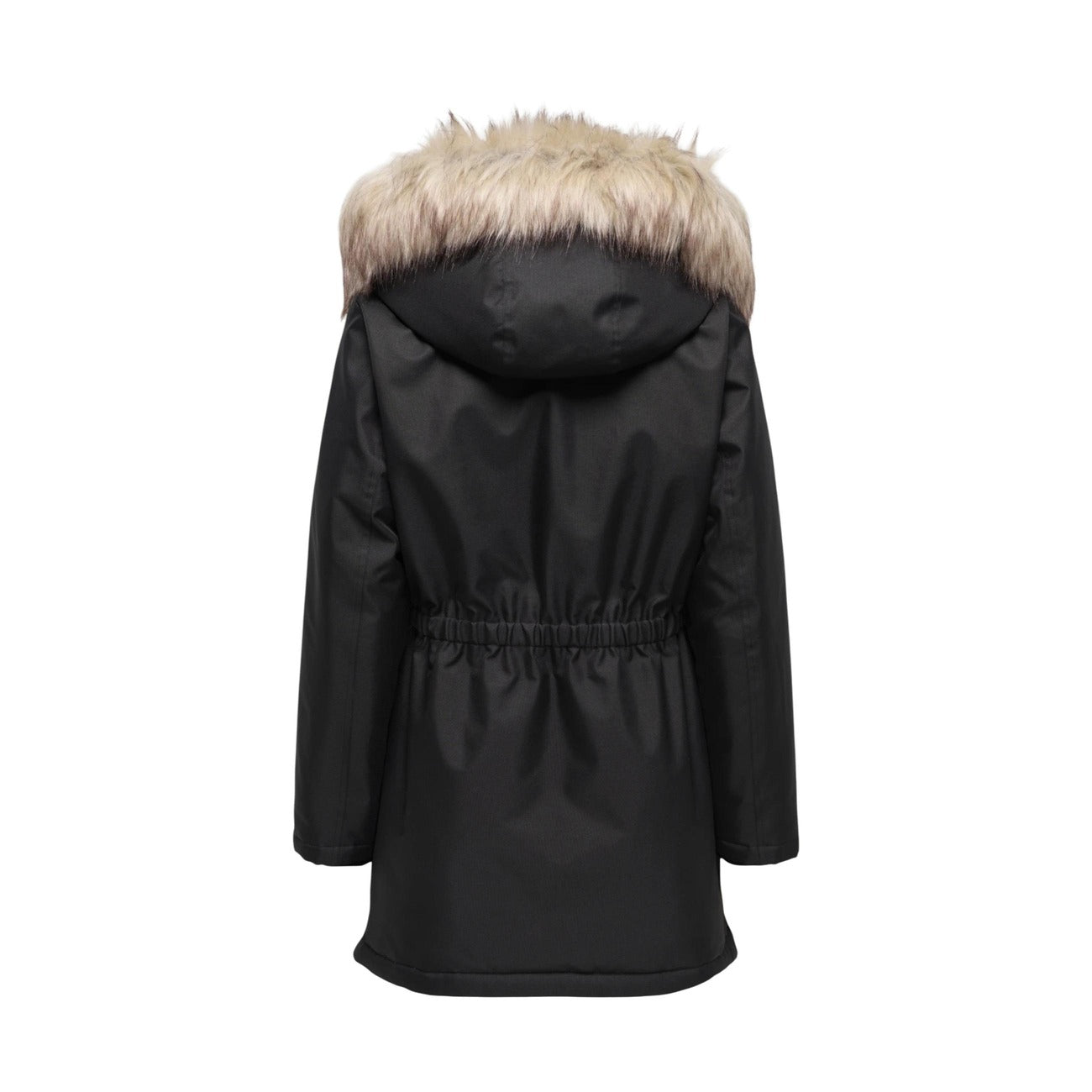 Parka nero da donna Only 15370930 con pelliccia sul cappuccio. Giubbotto caldo per l'inverno con cerniera zip, bordo in eco-pelliccia rimuovibile, polsini elasticizzati e tasche, abbigliamento donna autunno inverno.