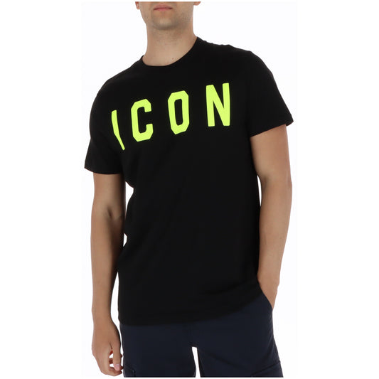 T-shirt ICON Organic Cotton; 100% cotone bio. Scollo tondo, maniche corte, fibre naturali. Maglia uomo ecologica, ultra-morbida e resistente. Colore nero con scritta giallo verde lime. Vista frontale 