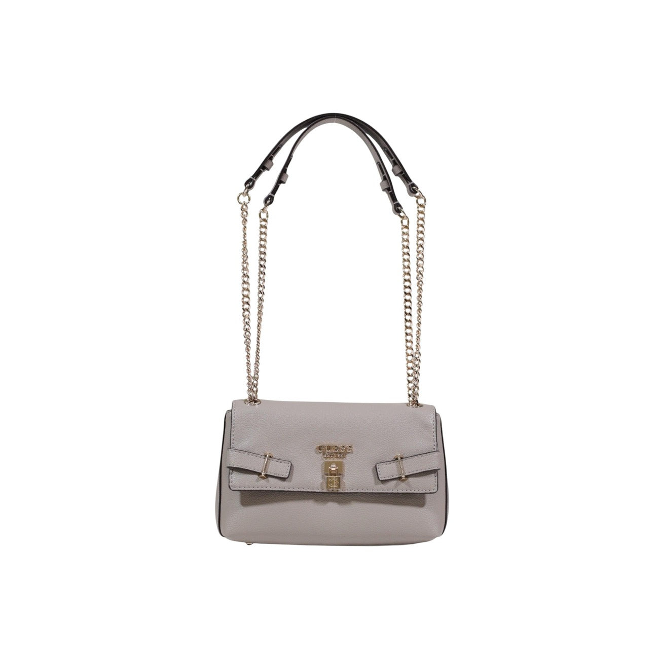 Borsa Guess Yesba Convertible Xbody; 100% Poliuretano. Chiusura con patta e fibbia, dettagli metallici, tracolla removibile. Borsa media elegante, versatile e sicura. Colore beige grigio. Vista frontale 