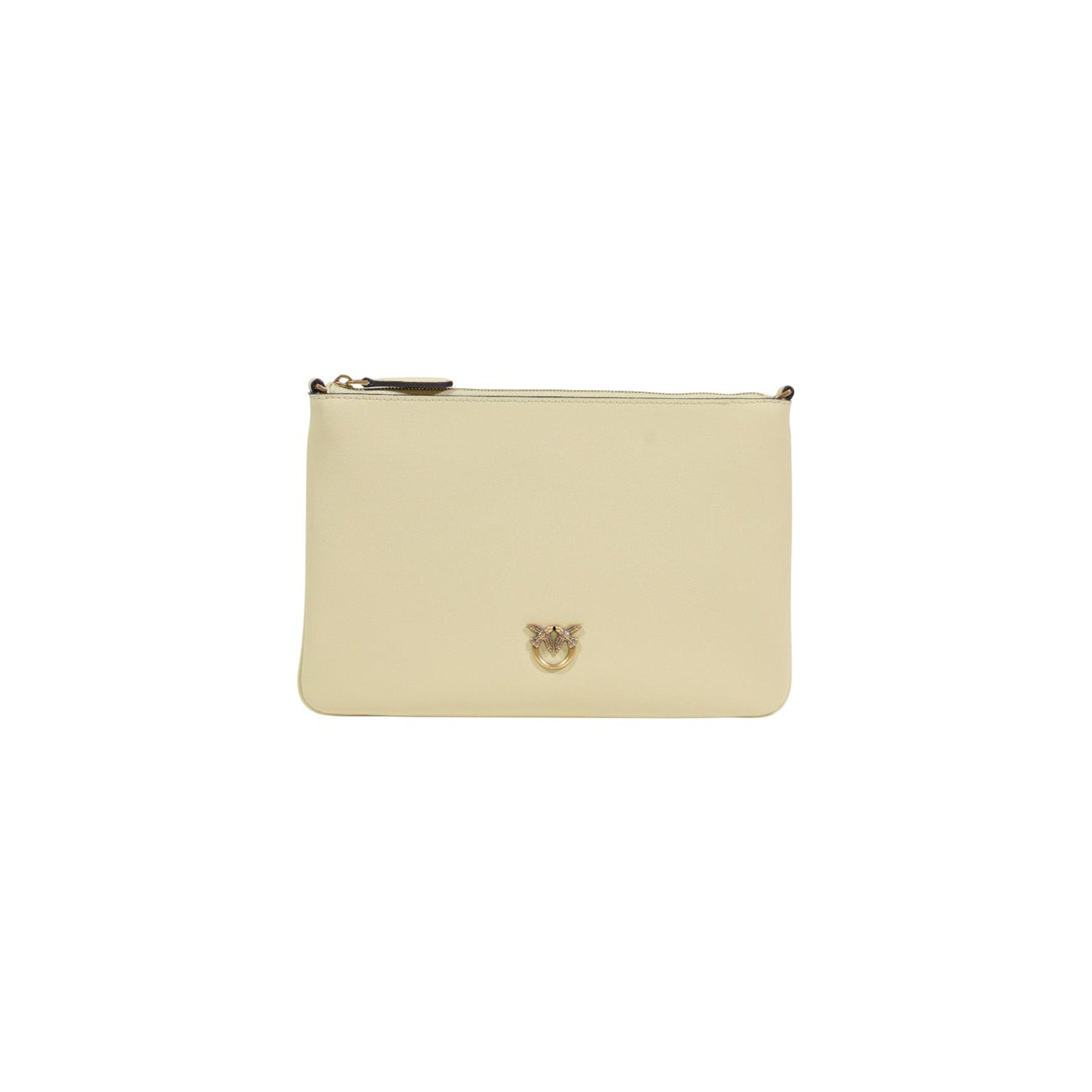 Borsa Pinko Flat Classic Beige; Ecopelle mano seta. Logo Love Birds Diamond Cut, tracolla a catena rimovibile, chiusura con zip. Pochette sottile e versatile, stile casual-raffinato. Vista frontale 