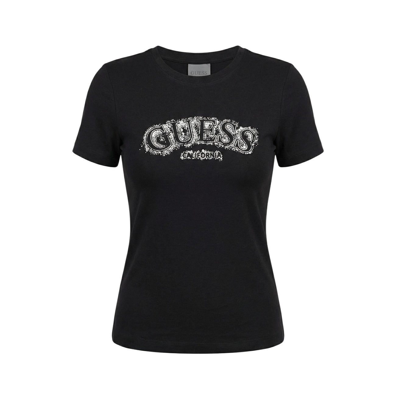 t-shirt nera a maniche corte da donna Guess LEONA. Realizzata in una morbida miscela di viscosa (96%) ed elastam/lycra (4%), logo Guess in rilievo sul petto, arricchito da dettagli decorativi. Scollo tondo Vista stesa 