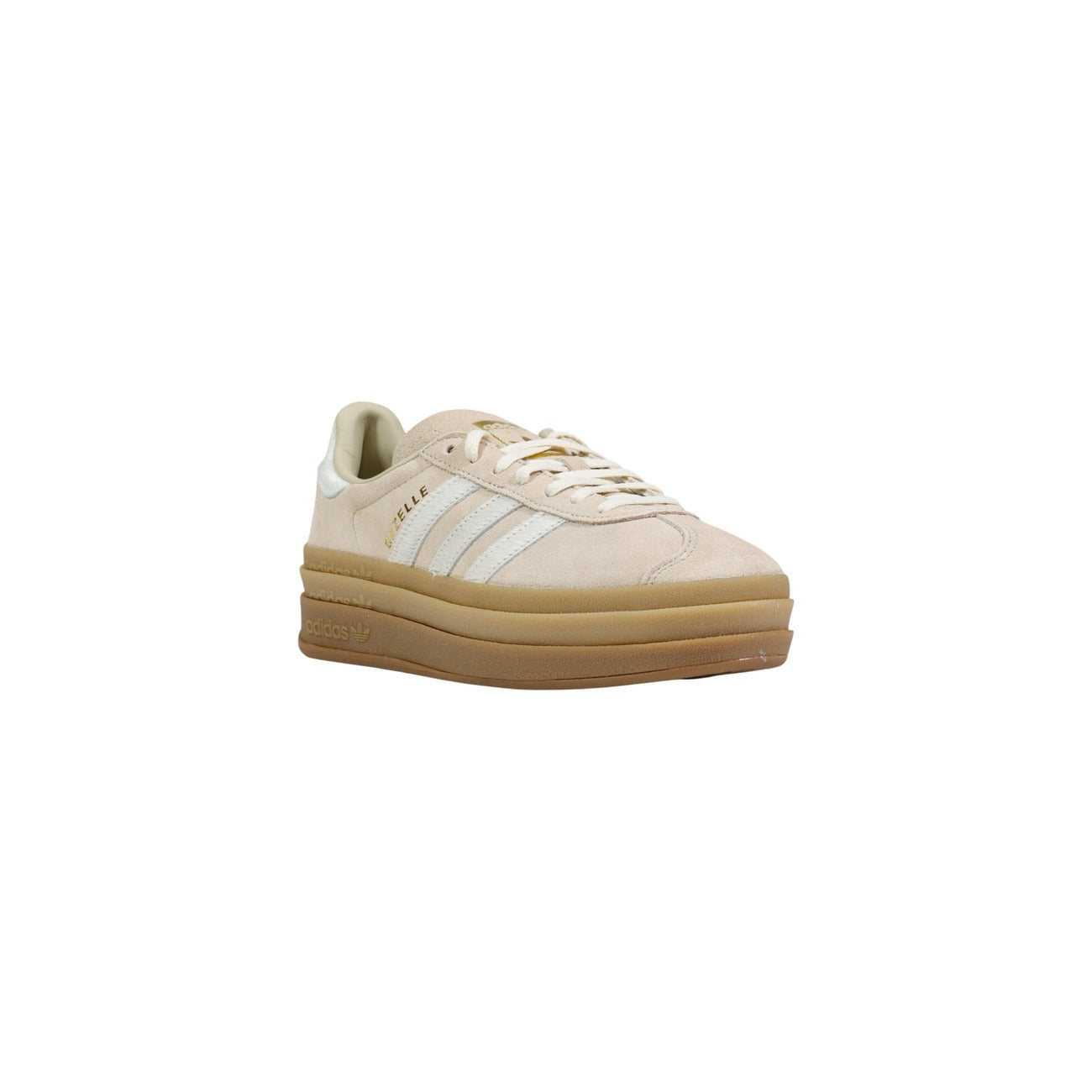 adidas Gazelle Bold; sneakers beige platform in pelle con dettagli iconici, fodera confortevole e suola alta in gomma. Il perfetto equilibrio tra eredità sportiva e tendenza moda attuale. Vista frontale 
