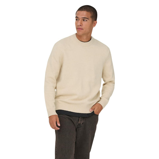 Pullover beige uomo girocollo Only & Sons 22033783. Maglione morbido a maniche lunghe vestibilità comoda in misto cotone, lana ed elastan.