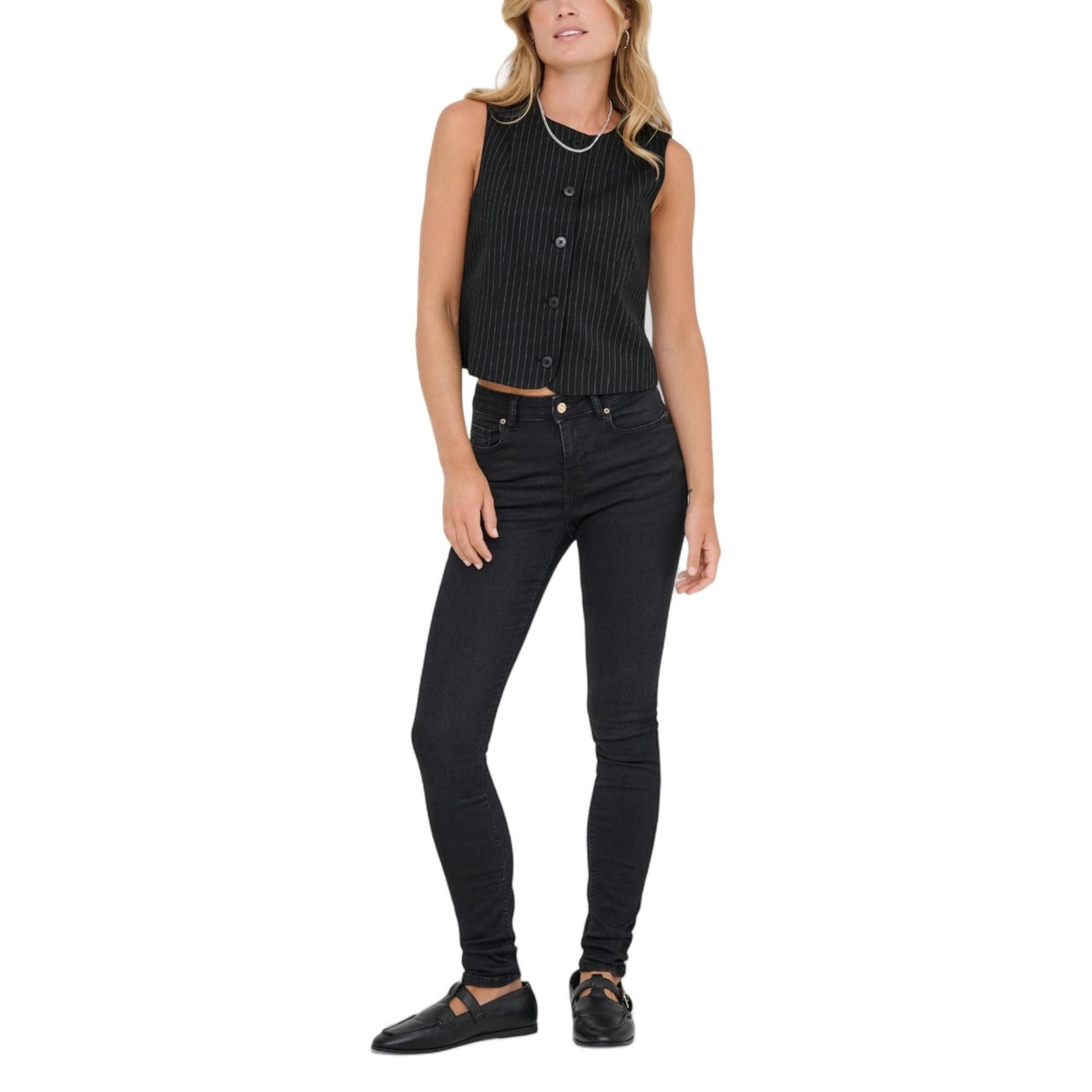 Only Gilet Donna Nero Gessato Bottoni Scollo Tondo 97% Poliestere 3% Viscosa Autunno/Inverno 15357618