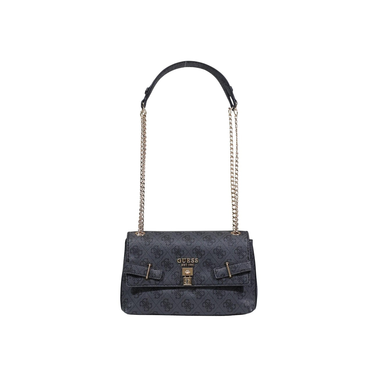 Borsa Guess Yesba Convertible Xbody; 100% Poliuretano. Chiusura con patta e fibbia, dettagli metallici, tracolla removibile. Borsa media elegante, versatile e sicura. Colore nero 4G. Vista frontale 