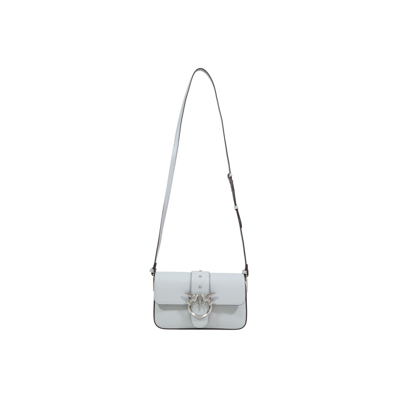 Pinko Mini Love Bag Slouchy Argento; 100% Pelle. Forma a sacca morbida, fibbia Love Birds Antique Gold, doppia tracolla (pelle e catena). Tasca interna in pelle, chiusura magnetica. Design di tendenza SS26. Vista frontale con tracolla 